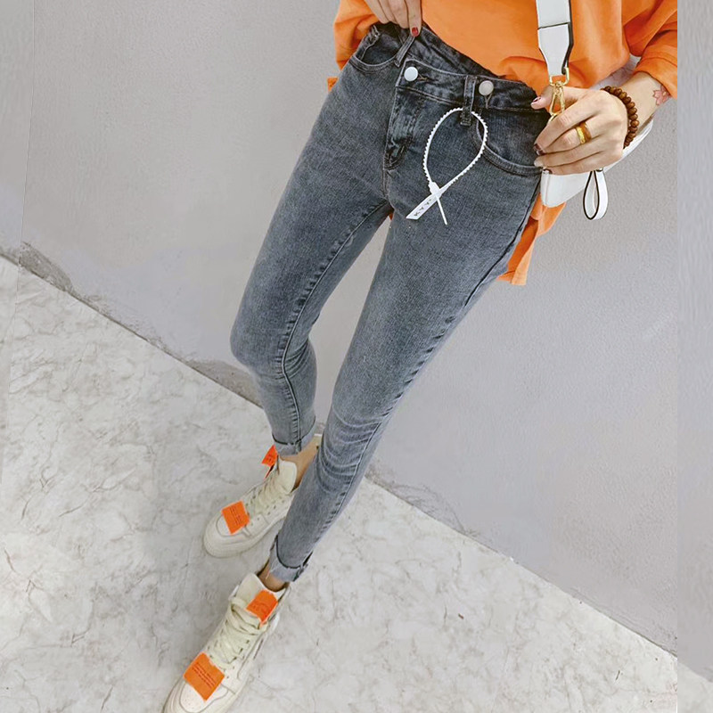 19 years spring new irregular waist blue grey jeans female Korean version tight fit and thin fashion smoke pipe pants tide