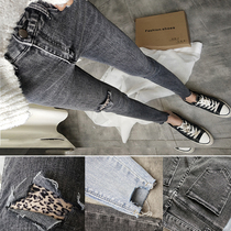 Recommended smoke gray false hole jeans 20 spring and autumn stretch bag legs show thin feet Korean version BAO WEN nine-point pants