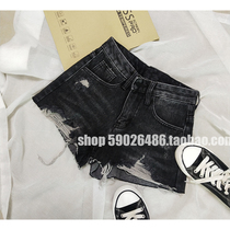South Korea 24-size black high-waisted hole plaid denim shorts womens fashion trend ultra-short hot pants XS show high leg length