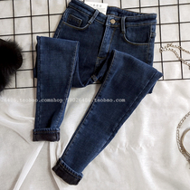 South Korea Dongdaemun winter velvet thickened dark blue high-waisted jeans womens tight stretch warm cotton pants small pants