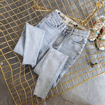 High quality vintage light blue white mid-waist jeans womens fashion foreign style elastic tight slim burrs pants tide