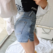 Spice Girl High Waist Double Buckle Denim Shorts Womens Summer Thin Hip Slim Hot Pants Slim Split a-shaped Three-cut Pants