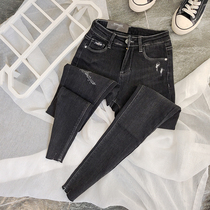 Senior smoke gray 2021 autumn new fashion hole jeans women thin stretch stretch nine little feet pants tide