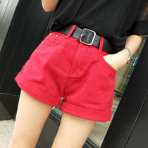 Big red shorts womens high waist summer dress 19 new womens Korean fashion crimped pants show thin denim hot pants tide