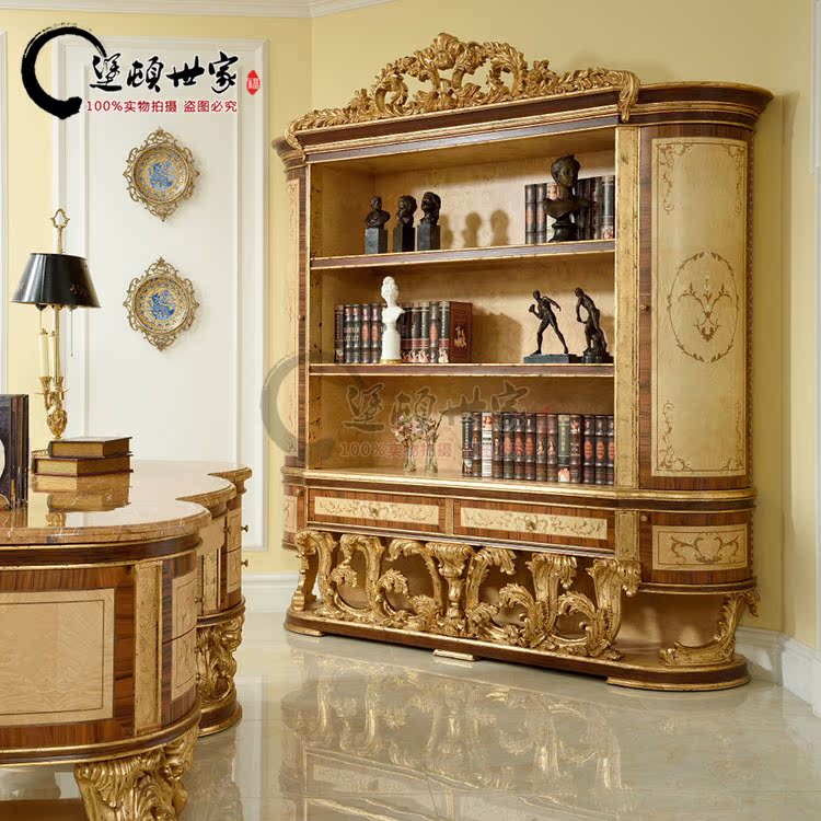 French style solid wood carved bookcase European-style vintage large bookcase exhibition cabinet italian villa palace gold leaf furniture
