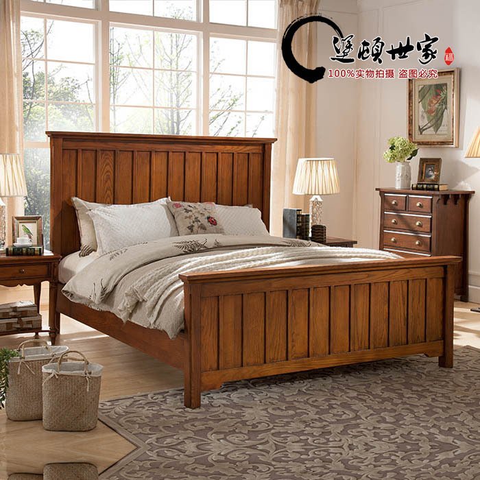 American country garden furniture simple small apartment Fraxinus mandshurica open paint solid wood pillar double bed wedding bed