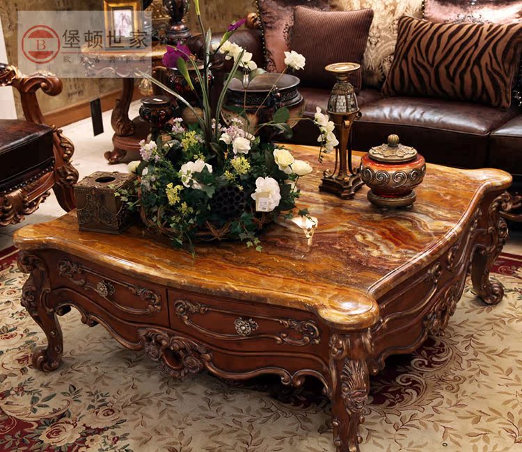 Eurostyle Marble Tea Table TV Cabinet Composition Living Room Size Family Tea Table Drawer Upscale Solid Wood Engraved Tea Table