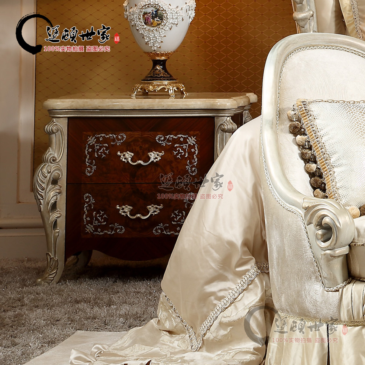Luxury neoclassical European villa mansion Daping number silver foil old solid wood carving bedroom storage bedside table