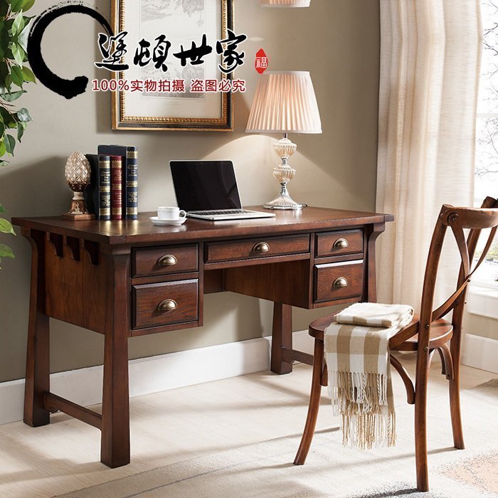 Hot sale American style furniture all solid wood Yibai wax coffee color open lacquer old keyboard drawer desk computer desk