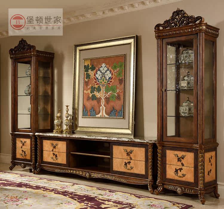 French luxury TV cabinet European villa floor cabinet solid wood carving living room Italian high-end TV wine cabinet combination