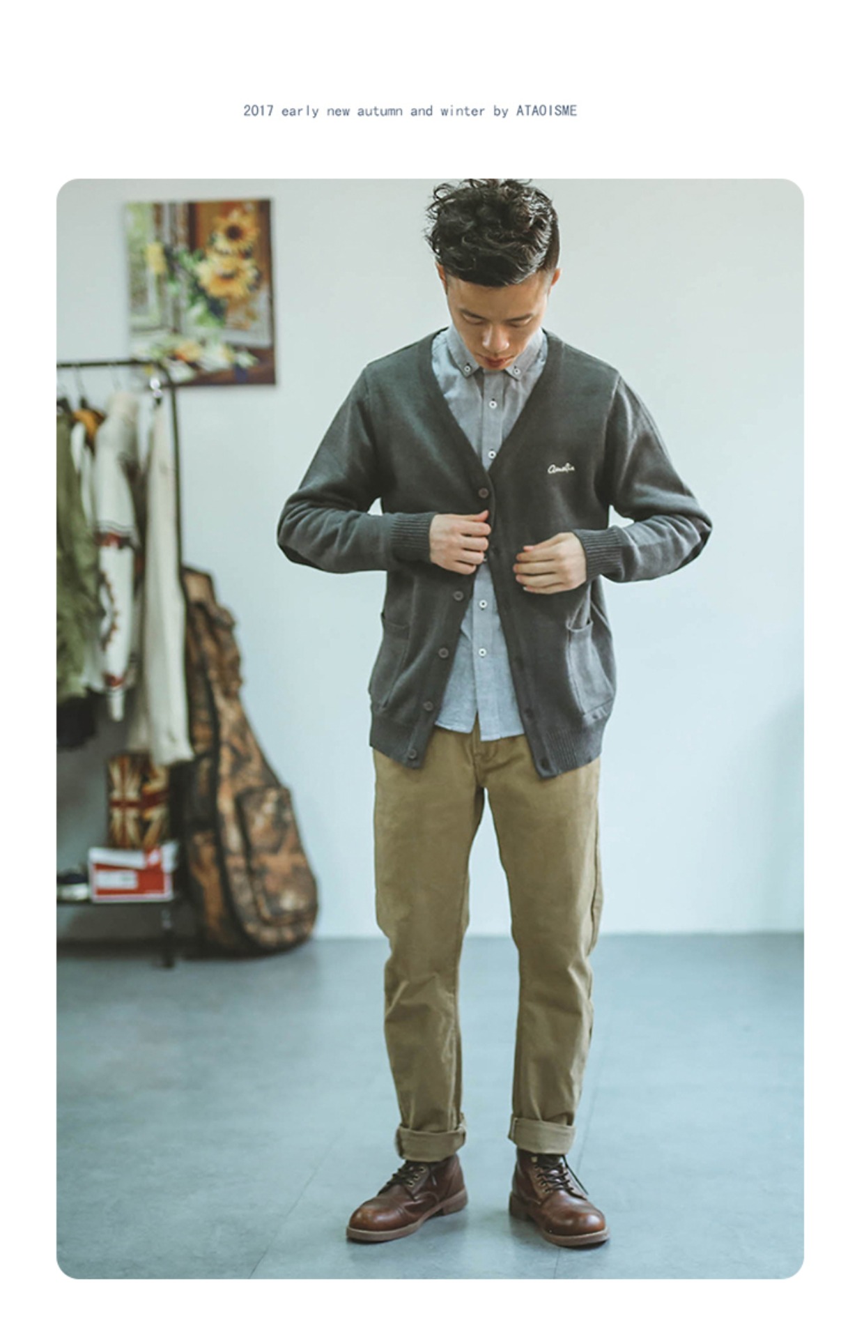 Hummer Nhật Bản retro mùa thu và mùa đông thêu áo len mỏng áo khoác cardigan nam thủy triều thương hiệu cổ tròn áo khoác cardigan nam