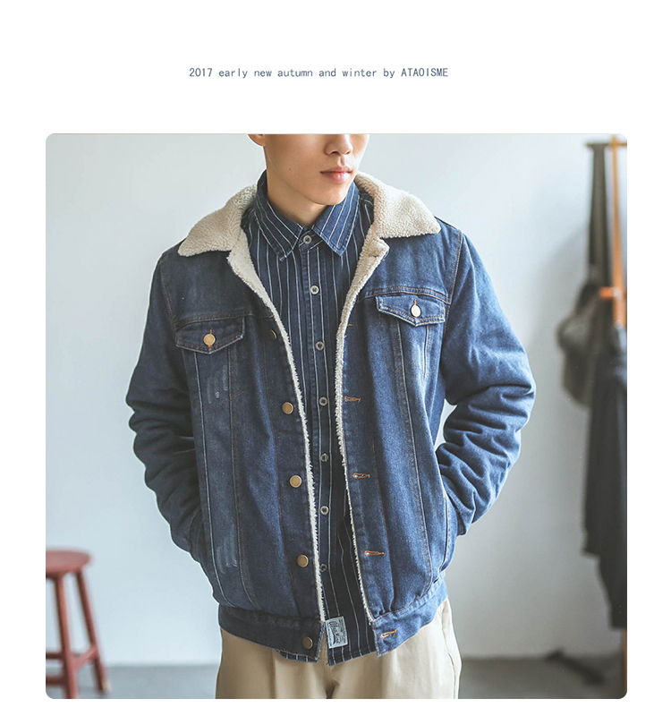 Hummer Nhật Bản cộng với nhung mùa đông mặc cũ lamb tóc denim jacket jacket bông áo khoác thủy triều thương hiệu người đàn ông của bông áo khoác những người yêu thích