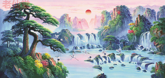 The Old Fairy Hall Background Landscape Painting (Greeting Guest Pine Landscape Painting) 60 * 120 cm Size can be set