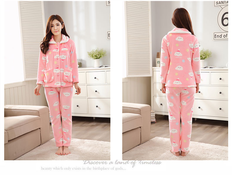 Mùa thu và mùa đông quần dài tay set đồ ngủ flannel dày nữ san hô nhung phục vụ nhà mùa đông người phụ nữ dễ thương phim hoạt hình đồ bộ vải đũi