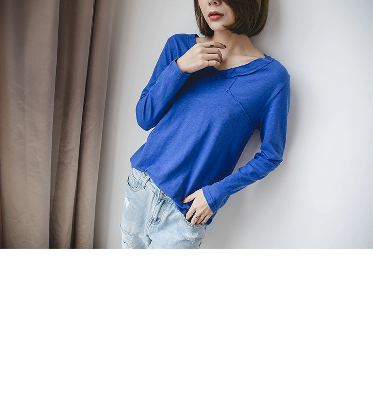 Mùa xuân mới V-cotton cotton T-shirt nữ hoang dã áo dài tay cotton mỏng áo sơ mi đáy quần áo Hàn Quốc