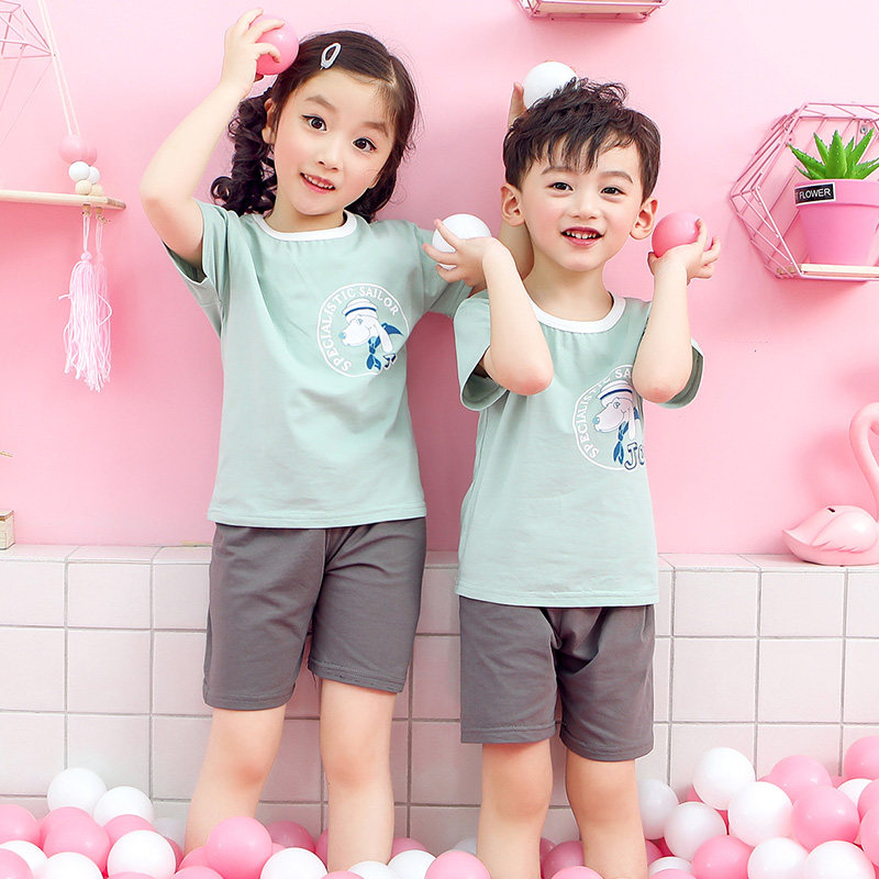 Kids short sleeves pajamas 22 summer boys girls cotton T-shirt set air conditioning suit in big kids shorts two-piece set