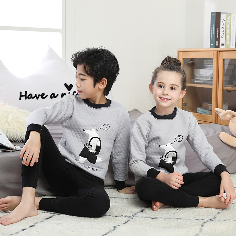 Children's three-layer quilted heating underwear pure cotton thickened hollow cotton middle-aged children's autumn and winter autumn clothes sanitary pants pajamas