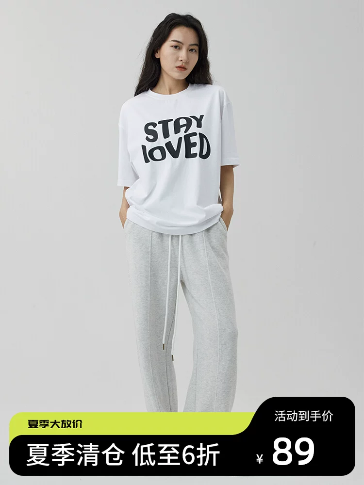 Alleys Gallery Summer Cotton Short -sleeved Stay Loved Printing Round Neck Loose Loose Leisure T -shirt