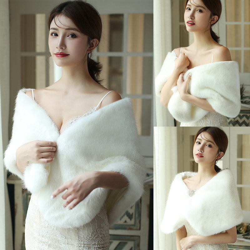 Bride wedding shawl autumn and winter wedding Korean version of the dress cheongsam coat thickened warm large size wool shawl white