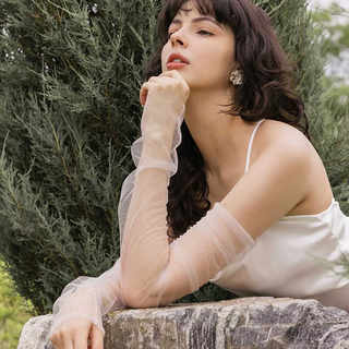 超仙加长款无指婚纱手套薄百搭珍珠网纱婚礼套袖新娘结婚生日拍照