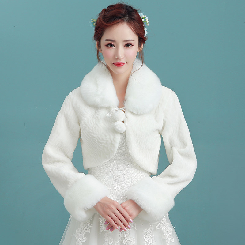 White Wedding Veil Fur Shawl Bridal Cape Winter Long Sleeves Thickened Warm Wedding Bridesmaid Dress Small Coat Spring Autumn
