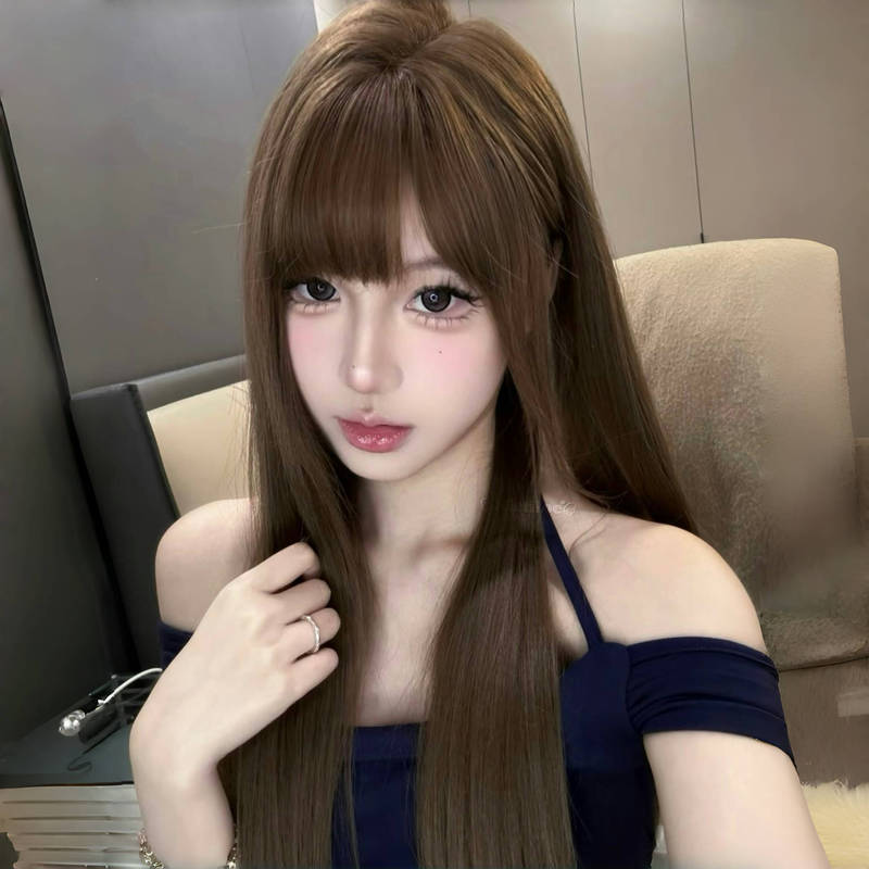 Wig for Women, Long Straight Hair, Lolita Style, Air Bangs, Caramel Warm Brown, Sweet and Natural, Realistic Human Hair Full Wig