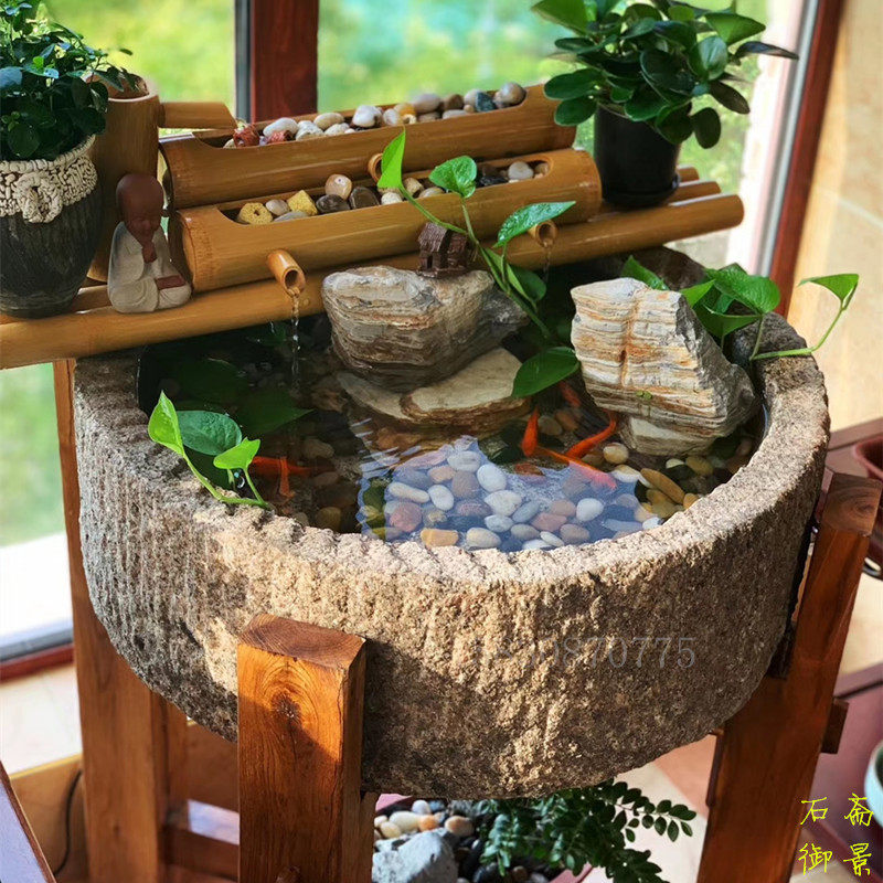 Old stone trough stone grinding water stone pot fish farming stone fish tank culture flower stone pot bamboo flowing water vessel indoor crystal viewing pool