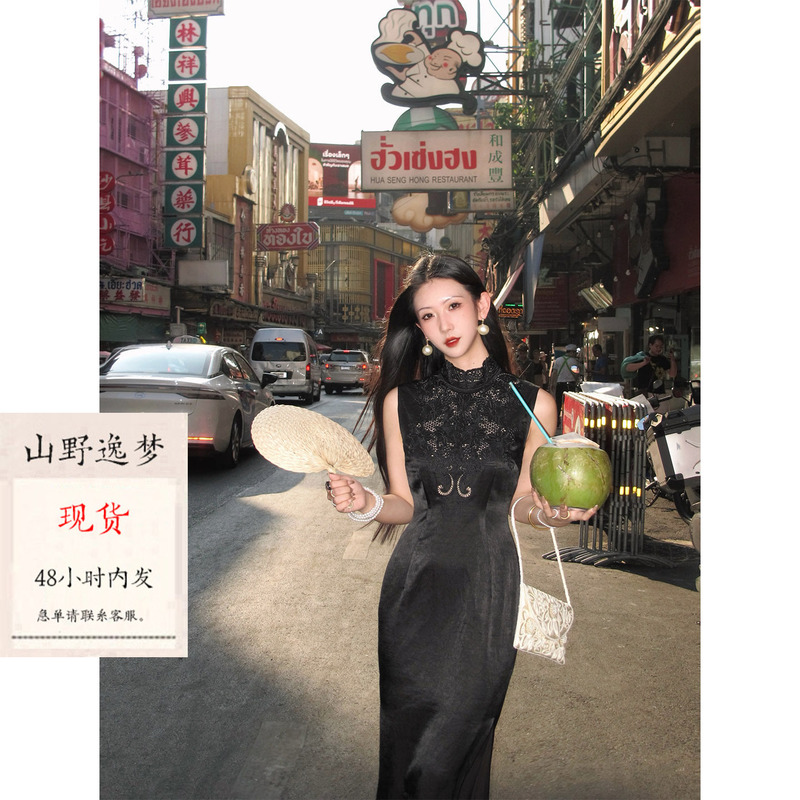 Mountain Wild Dream Retro Lace Cheongsam Dress for Women Black High Neck Sleeveless Waist-Cinching Elegant Dress Mountain Wild Dream Retro Lace Cheongsam Dress for Women Black High Neck Sleeveless Waist-Cinching Elegant Dress