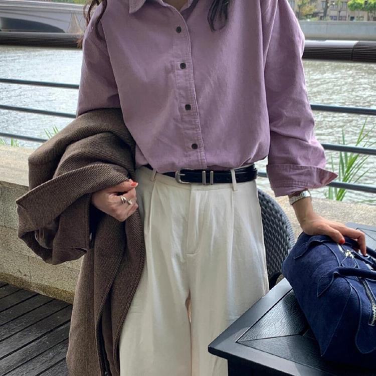 和風の優しいタロイモ紫色の長袖シャツ女性のコーデュロイ秋と冬の新しい韓国風のシックな重ね着トップインナーウェア