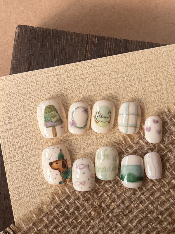 Purely Handmade Cute and Playful Watercolor Puppy Nail Art, Everyday Wear Nail Art, Short Nail Art