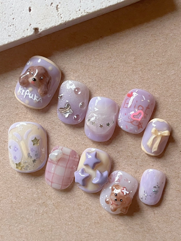 Purely Hand-Painted Star-Shaped Purple Golden Retriever Butterfly Style ins Short Nails