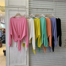 SEVEN77 Korea 2022 Summer round collar loose with slim sunscreen blouse open fork long sleeve hem knotted t-shirt woman