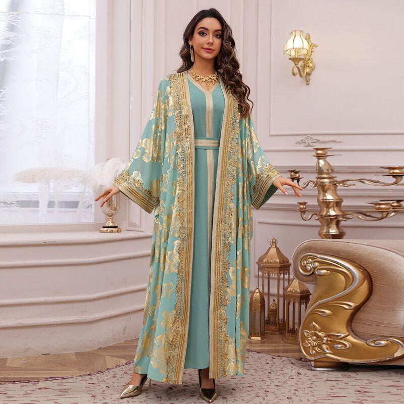 Women's Gold Embossed Abaya Dress Robe Set Dubai Women's Dress Robe Set