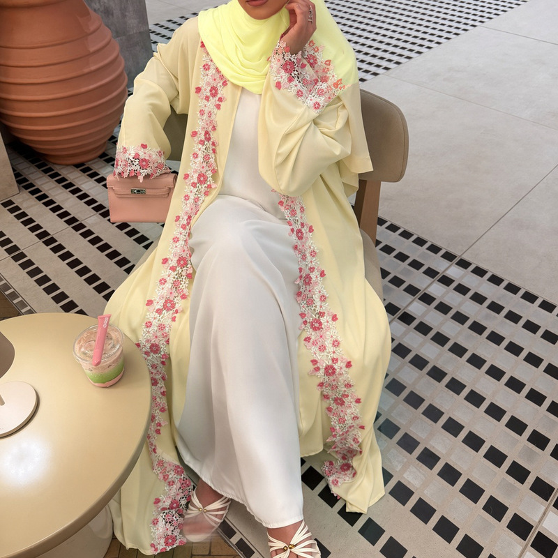 Includes a Long Headscarf with Floral Lace, Abaya Cardigan, and Dubai Arab Robe+Headscarf