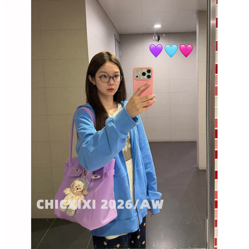 Chicxixi 2026/Aw Fall/Winter Preview Lazy and Relaxed Blue Hooded Sweatshirt Loose Jacket for Women