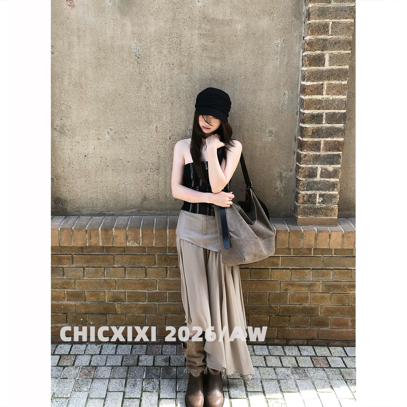 Chicxixi 2026/Aw French Design-Inspired Flowing Irregular Taupe High-Waisted Long Skirt for Women