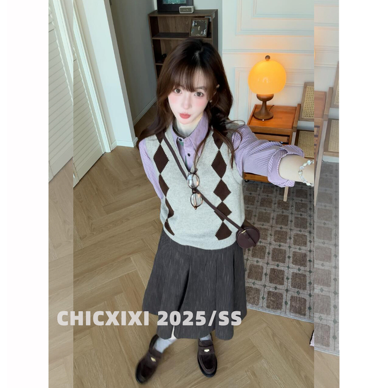 Chicxixi 25Ss Autumn and Winter Retro Layered V-Neck Diamond Knitted Vest and Striped Shirt Two-Piece Set