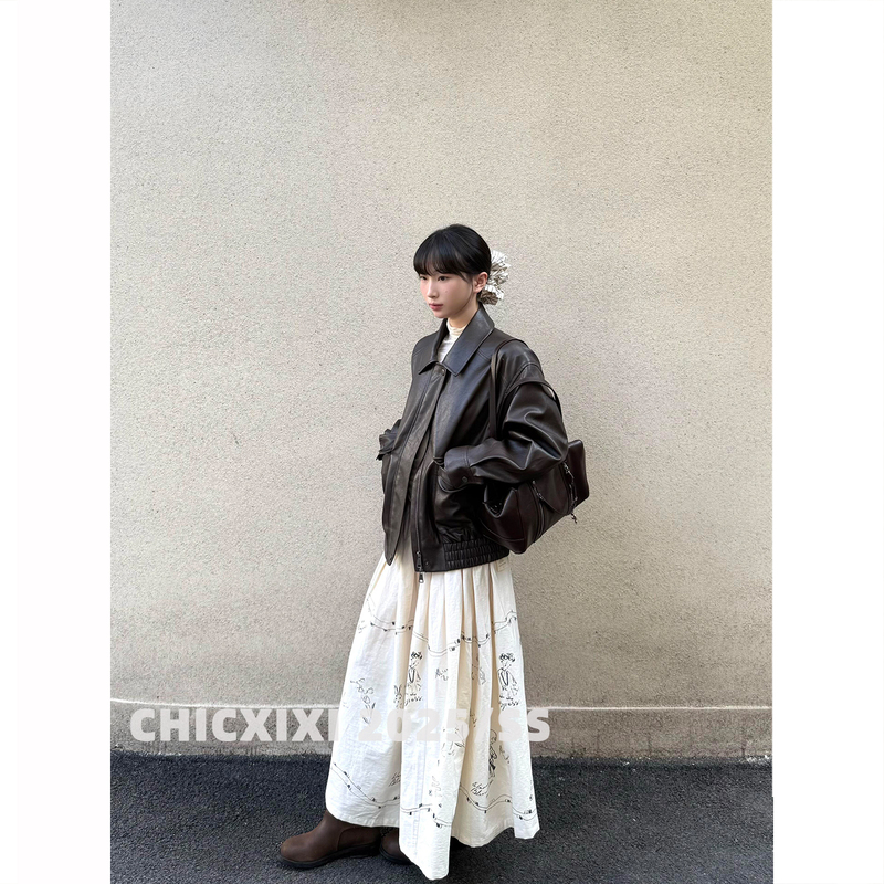 Chicxixi 25Aw “Houston” Retro Brown Batwing Sleeve Biker Leather Jacket with Lapel