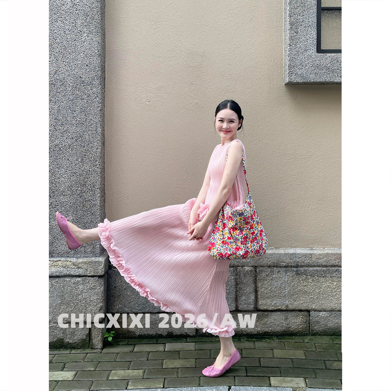 Chicxixi 2026/Aw French Antique Pink Miyake-Style Lace Sleeveless Vest Top and Skirt Two-Piece Set