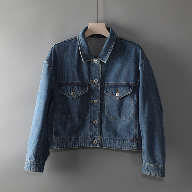 New Women's Basic Casual Denim Jacket with a Turn-Down Collar, Single-Breasted, Long Sleeves, and a Short Design