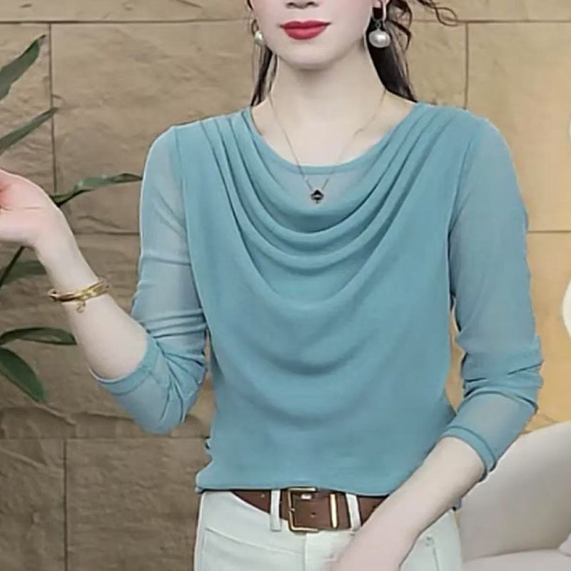 Mesh Top for Women, Long-Sleeved, 2026 Spring New Style, Base Layer Shirt for Women, Elegant and Versatile, Stacked Collar T-Shirt, Belly-Covering Top
