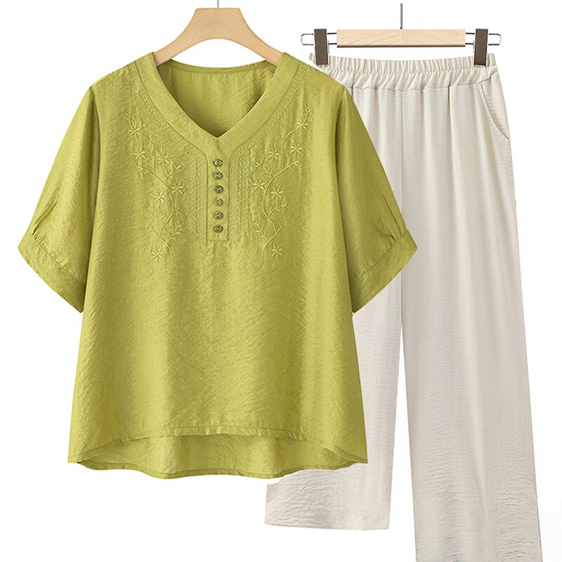 2026 New Style Mother's Summer Outfit Set, New Middle-Aged and Elderly Women's Summer Fashionable Cotton and Linen Short-Sleeved Tops