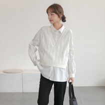 Autumn new maternity wear personalized and fashionable patchwork sweater lapel long-sleeved shirt fashionable age-reducing trendy hot mom shirt