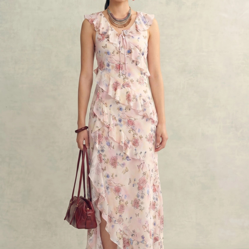 2026 Summer New Style Niche Style Elegant Printed Skirt with Diagonal Cut and Ruffled French V-Neck Women's Dress 2026 Summer New Style Niche Style Elegant Printed Skirt with Diagonal Cut and Ruffled French V-Neck Women's Dress