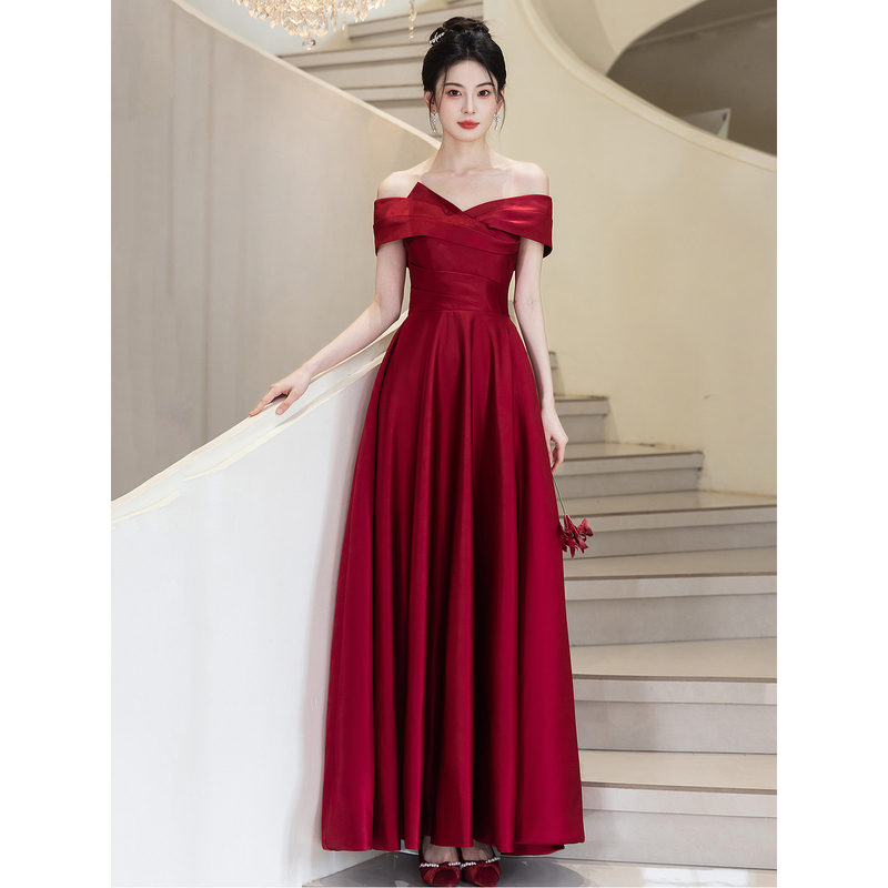One-Shoulder Satin Toast Dress That Covers the Body, New Style for Wedding, Homecoming, Burgundy, Simple and Elegant, Engagement, Bride's Wedding Banquet