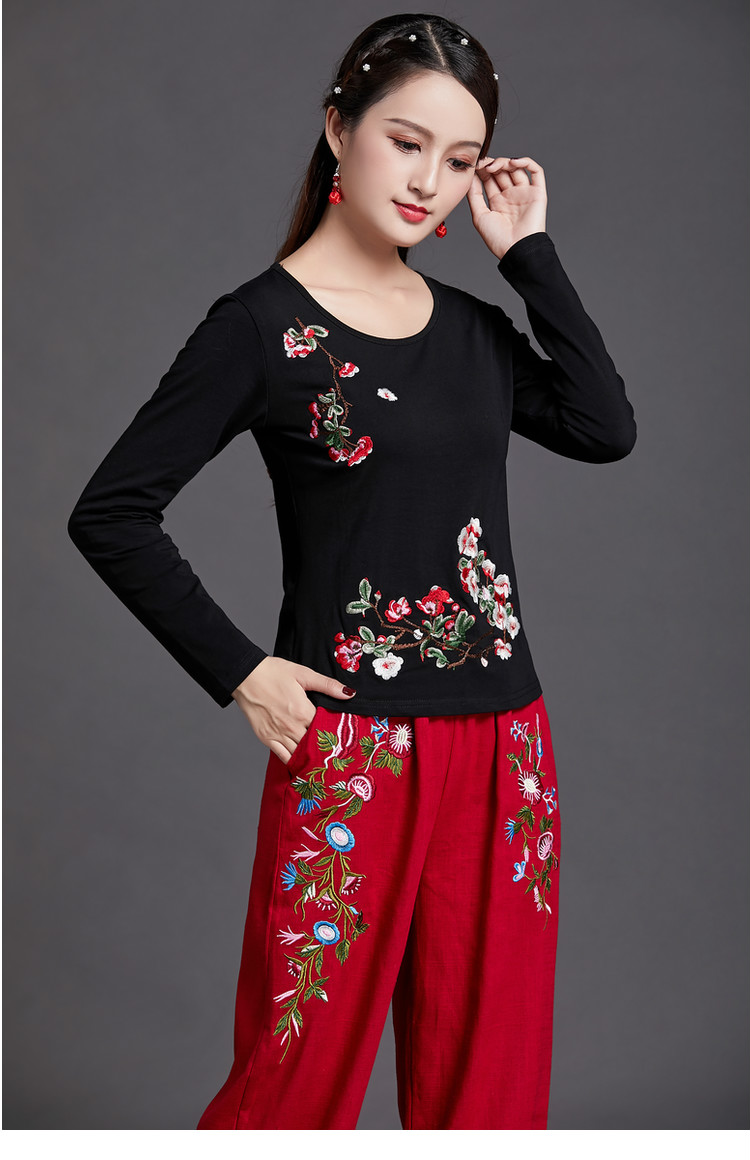 Áo thun nữ phong cách dân tộc mùa xuân và mùa thu mới Áo thun thêu kiểu Trung Quốc nữ size lớn Áo sơ mi dài tay thêu mỏng áo thun nữ tay lỡ
