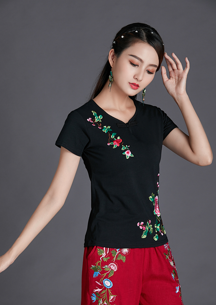 Áo phông nữ quốc gia 95 cotton mùa hè thêu tay ngắn thon gọn áo thun nữ cỡ lớn áo sơ mi thêu phong cách Trung Quốc - Áo phông áo phông trắng