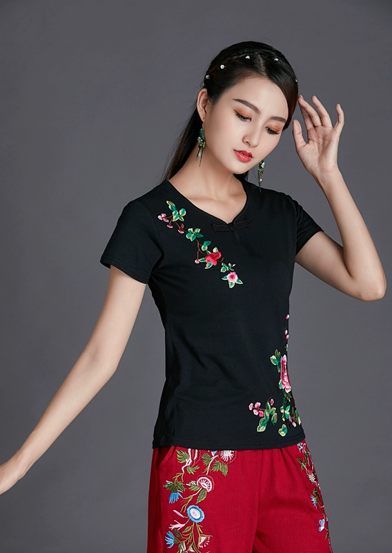 Áo phông nữ quốc gia 95 cotton mùa hè thêu tay ngắn thon gọn áo thun nữ cỡ lớn áo sơ mi thêu phong cách Trung Quốc - Áo phông