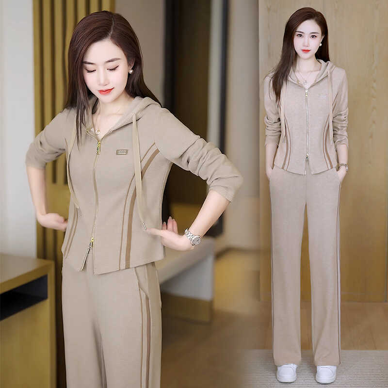 Casual Sports Suit for Women, Autumn Fashion, Loose and Slimming, Hooded Cardigan Sweatshirt, Wide-Leg Pants, Running Outfit, Two-Piece Set