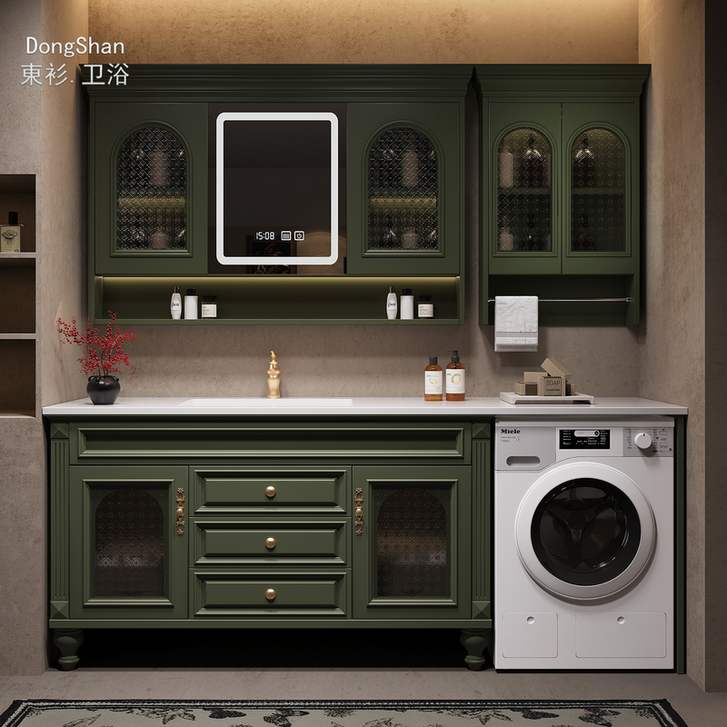 Retro French-Style Green Oak Washing Machine Bathroom Cabinet Integrated Set with Washbasin Cabinet